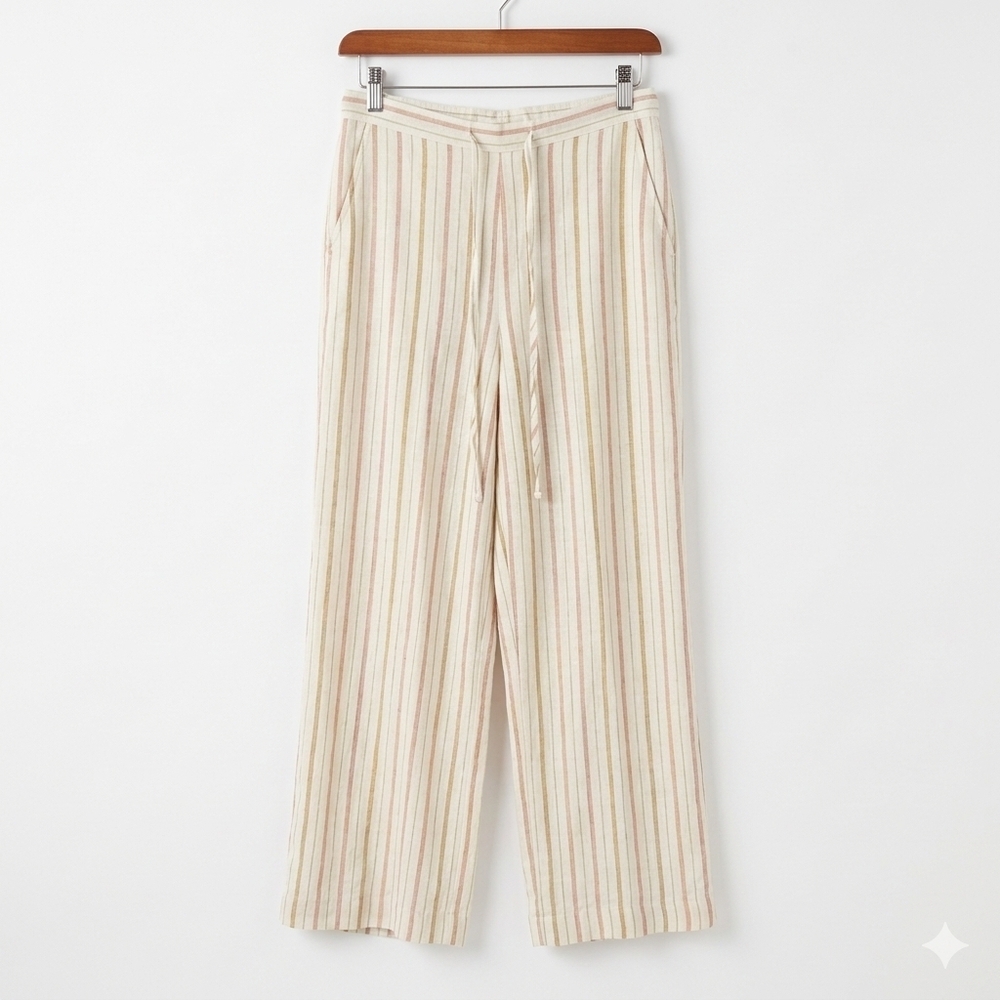 Dex Cream Tan Tie-Waist Linen Blend Pants with Subtle Stripes Size Medium - Picture 2 of 9